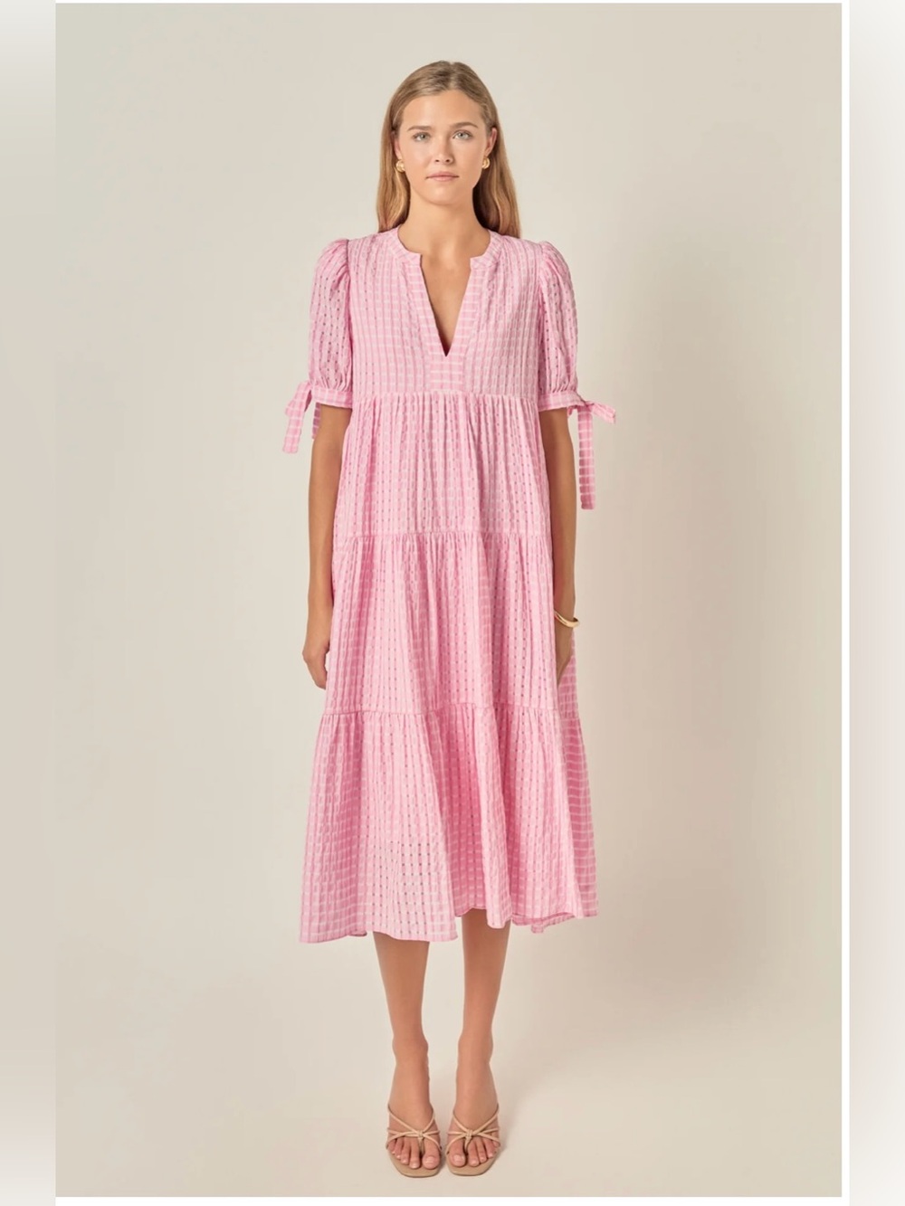English Factory Gingham Tiered Midi Dress Pink Check Puff Sleeve V-Neck Medium